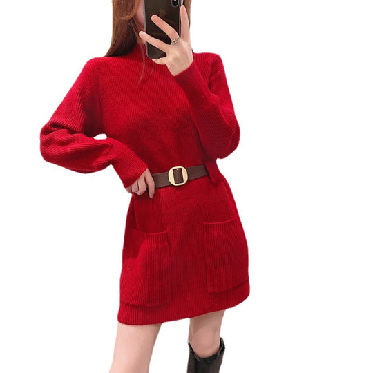 Damen Strickkleid mit hochgeschlossenem Kragen und praktischen Taschen EB
