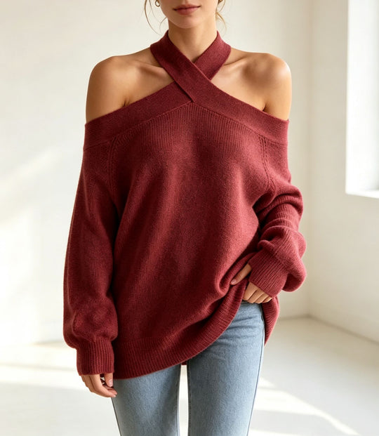Damen Grobgestrickter schulterfreier Pullover mit überkreuztem Neckholder EB