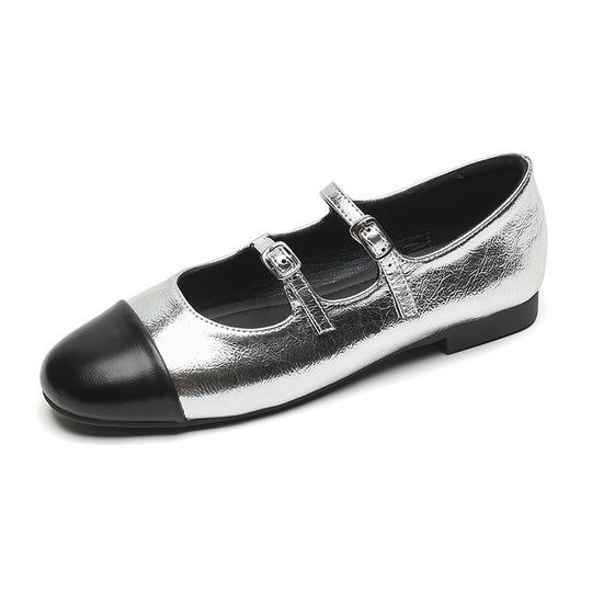 Damen Ballerinas mit doppeltem Riemen und metallic Obermaterial EB