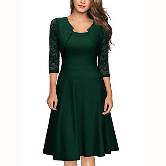 Damen Midi-Kleid mit Spitzenärmeln und schwingendem Rock EB