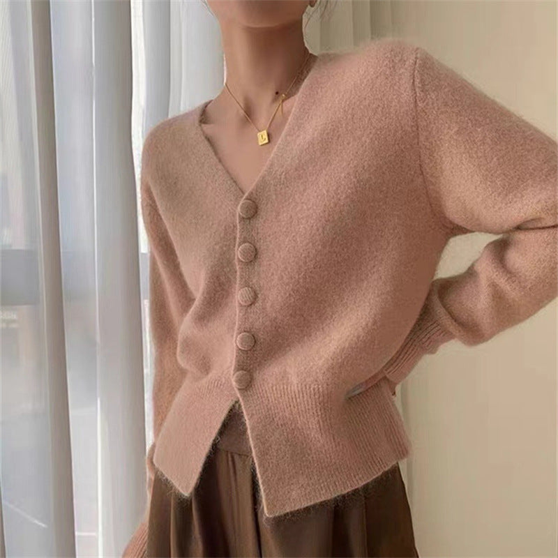 Damen Flauschiger Cardigan mit V-Ausschnitt und dekorativen Knöpfen EB