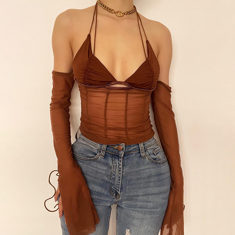 Damen Crop-Top mit transparentem Design und raffinierten Rüschenärmeln EB