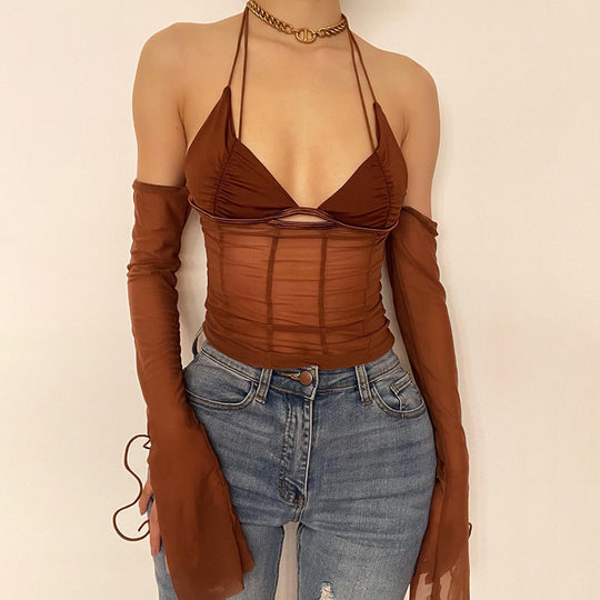 Damen Crop-Top mit transparentem Design und raffinierten Rüschenärmeln EB