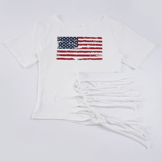 Damen Crop-Top mit Flaggenmotiv und raffinierten Fransen EB