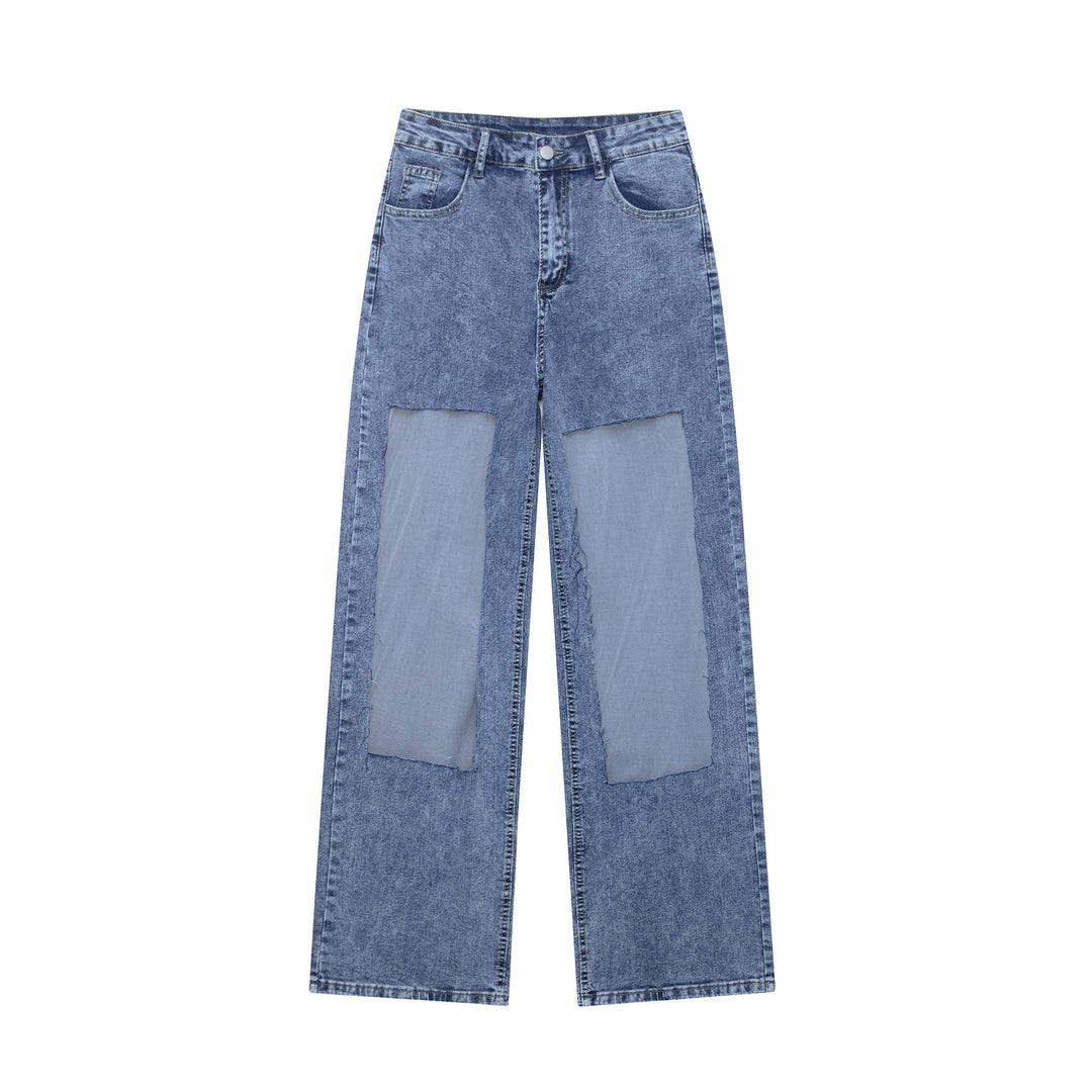 Damen weite Denim-Hose mit Patch-Design EB