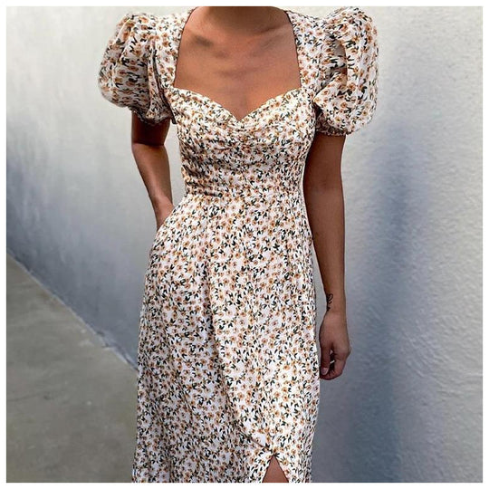 Damen Midi-Kleid mit ballonartigen Ärmeln und aufregendem Muster EB