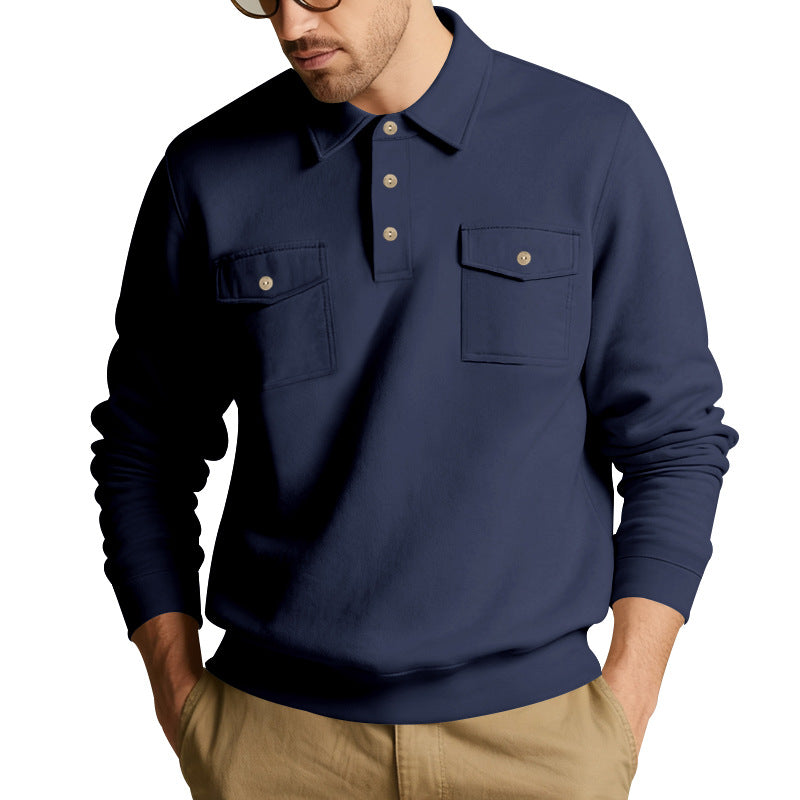 Herren nan Polokragen Sweatshirt mit aufgesetzten Brusttaschen und gerippten Bündchen EB