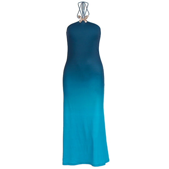 Damen lässiges Maxikleid mit elegantem Halterneck und einzigartigem Farbverlauf EB