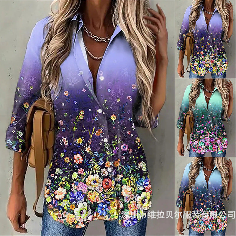 Damen Hemdbluse mit floralem Design und elegantem Farbverlauf EB