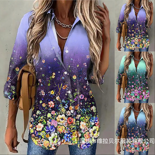 Damen Hemdbluse mit floralem Design und elegantem Farbverlauf EB