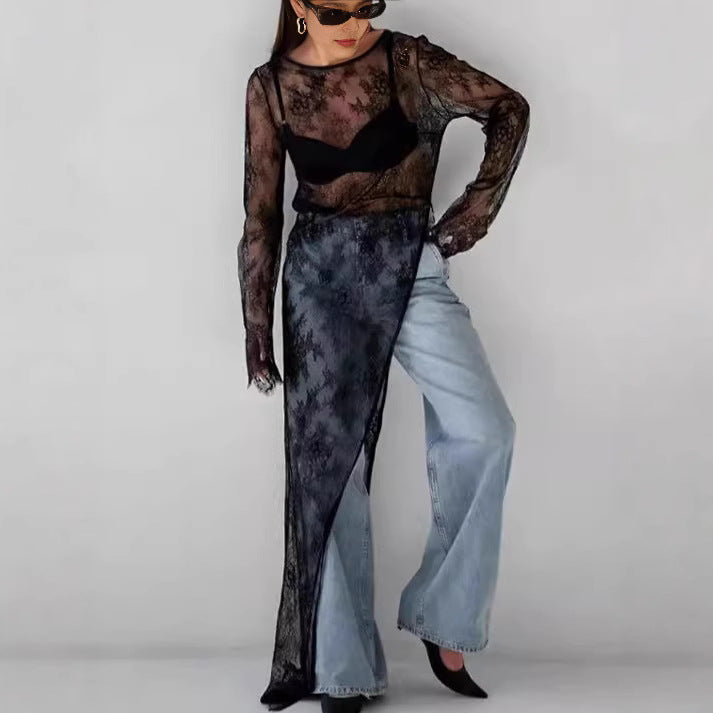 Damen transparente Spitzenbluse mit langen Ärmeln und lässigem Rückenausschnitt EB