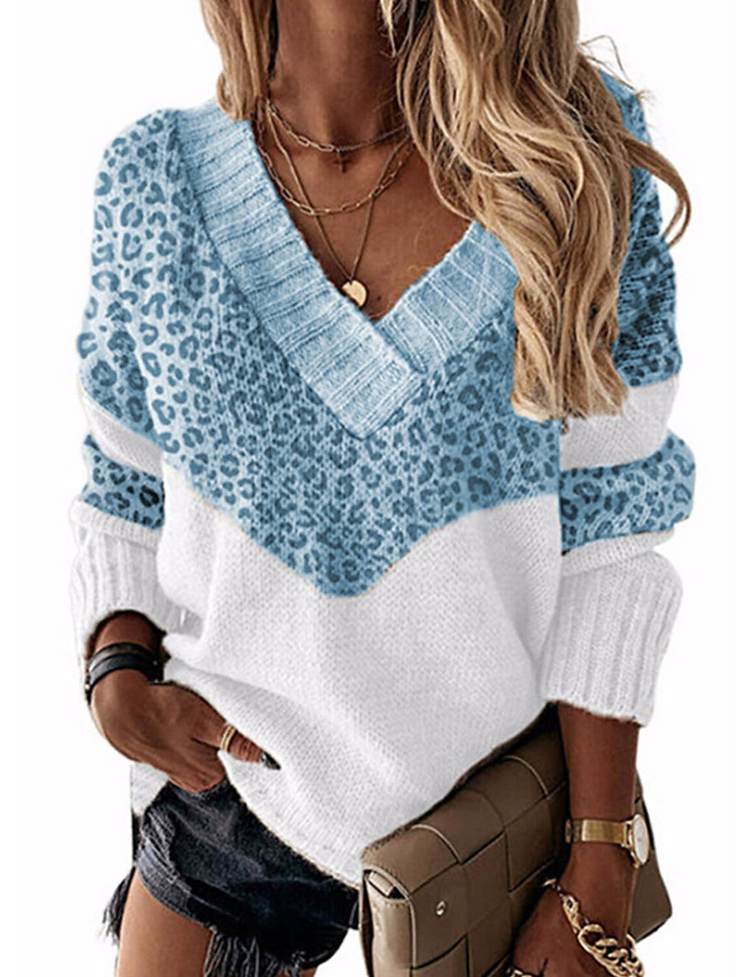 Damen modischer V-Ausschnitt Pullover mit Leopardenmuster EB