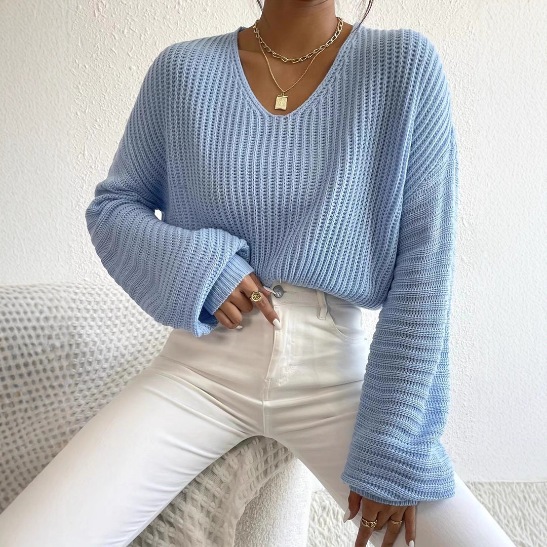 Damen lässiger Strickpullover mit weitem V-Ausschnitt und extra langen Ärmeln EB