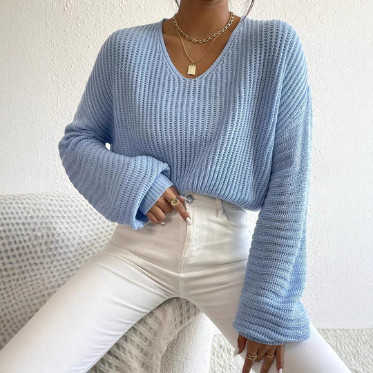 Damen lässiger Strickpullover mit weitem V-Ausschnitt und extra langen Ärmeln EB