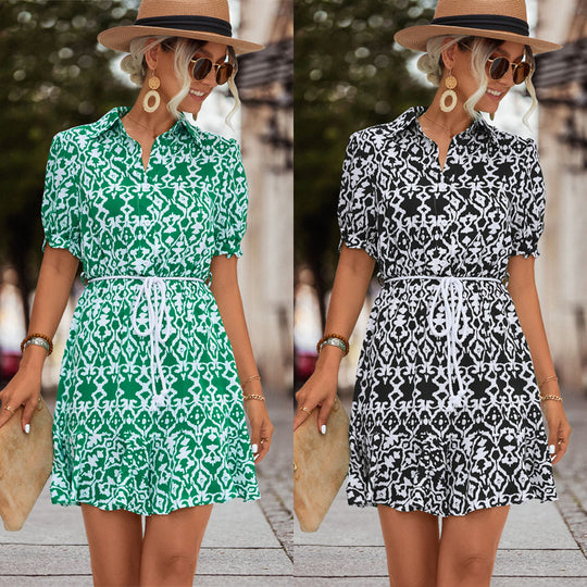 Damen Kurzarm Kleid mit modernem Muster und verstellbarem Taillenzug EB