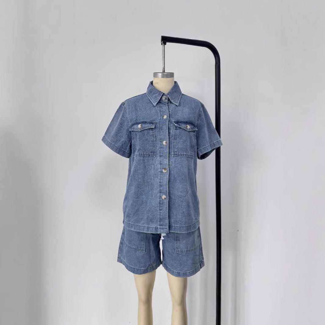 Damen Denim-Hemd und Shorts-Set im modischen Stil EB
