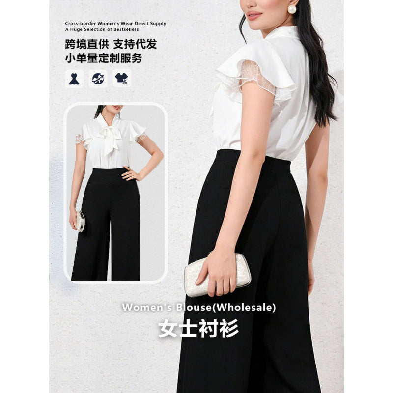 Damen Bluse mit Rüschenärmeln und feminine Schleife EB