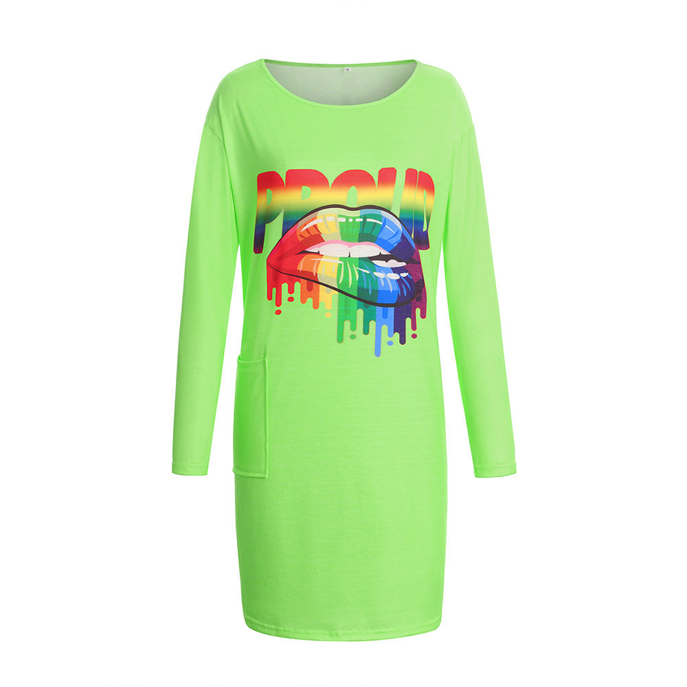 Damen Langarm-Kleid mit trendigem Grafiken-Design und praktischen Taschen EB