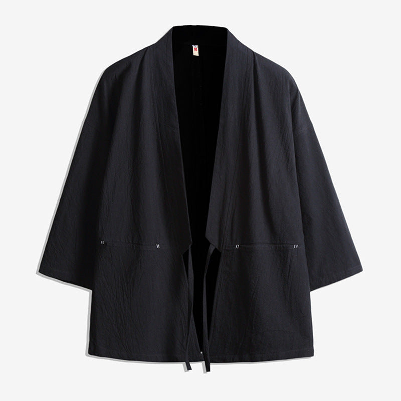 Unisex nan lässige Kimono-Jacke aus leichtem Baumwollmix mit weiter Passform und Bindegürtel EB