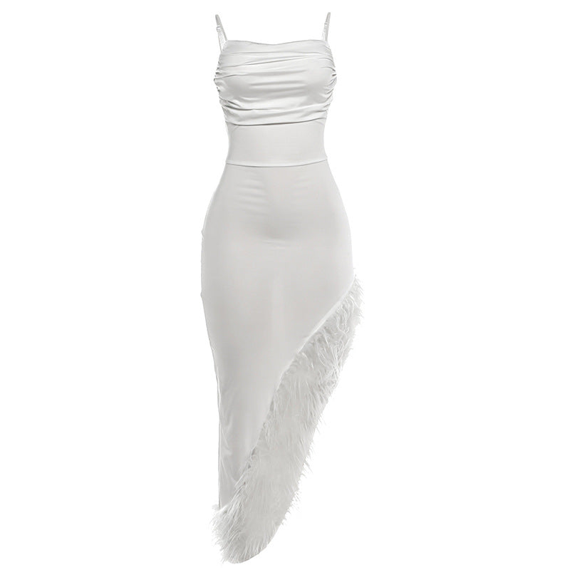 Damen Maxi Kleid mit elegantem Federbesatz EB
