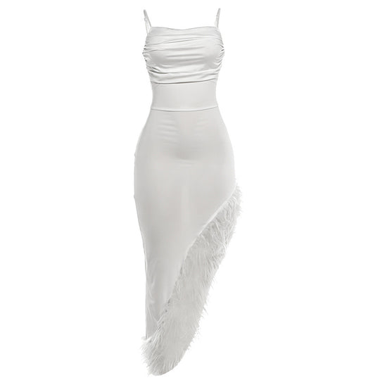 Damen Maxi Kleid mit elegantem Federbesatz EB