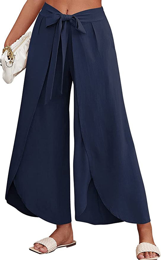 Damen Weite Sommerhose aus leichtem, atmungsaktivem Stoff mit Bindegürtel EB