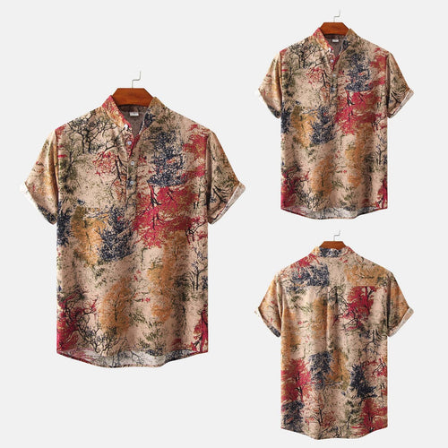 Herren Kurzarmhemd mit floralem Design und bequemem Henley-Ausschnitt EB