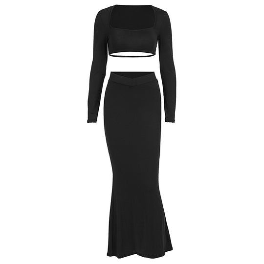 Damen Elegantes Set aus Crop-Top und Maxirock mit transparentem Detail EB