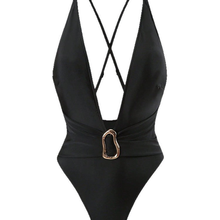 Damen Einteiliges Badeanzug mit tiefem V-Ausschnitt und elegantem Gold-Detail EB