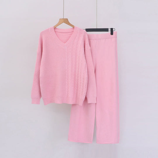 Damen Kuscheliges Strickensemble mit V-Ausschnitt und weitem Bein EB
