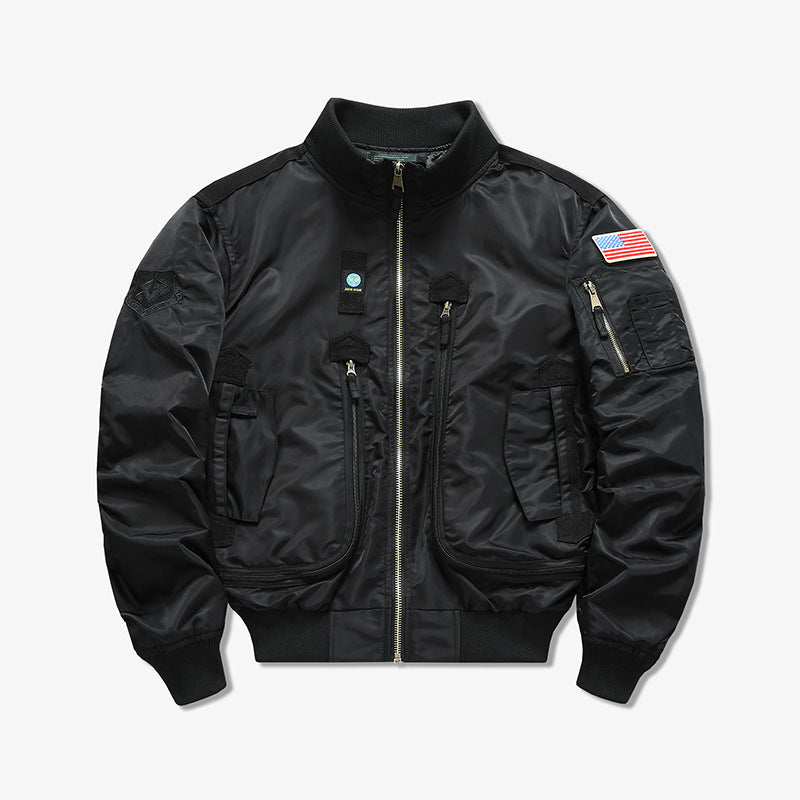 Men's  tactical flight bomber jacket with multiple angled zip and flap pockets EB