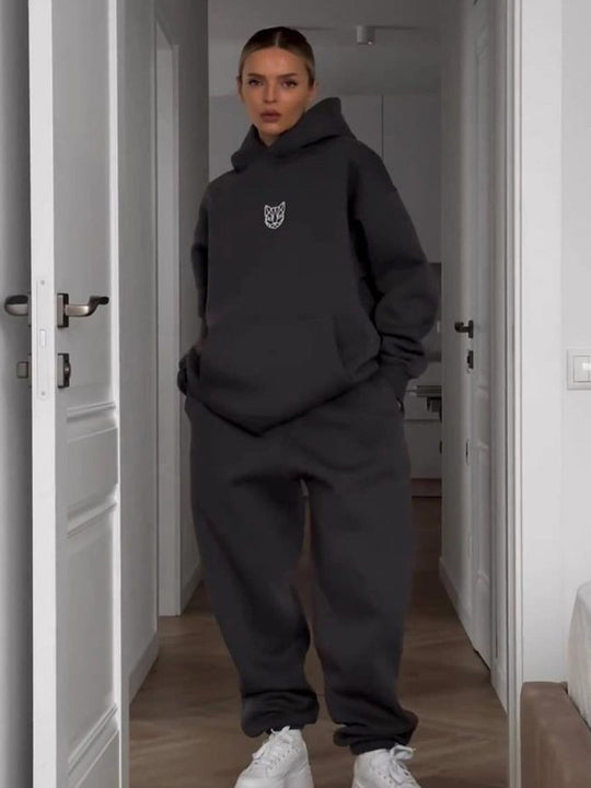 Damen Cropped Kapuzenpullover und weite High-Waist Jogginghose Set EB