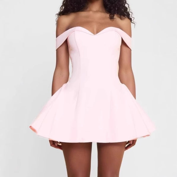 Damen Off-Shoulder Minikleid mit voluminösem Rock und elegantem V-Ausschnitt EB