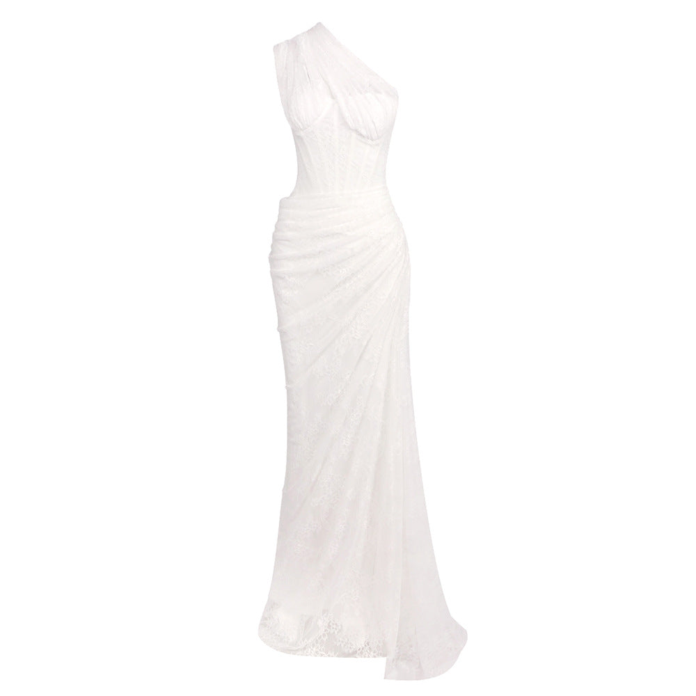 Damen elegantes Abendkleid mit asymmetrischem One-Shoulder-Design und floralem Spitzenbesatz EB