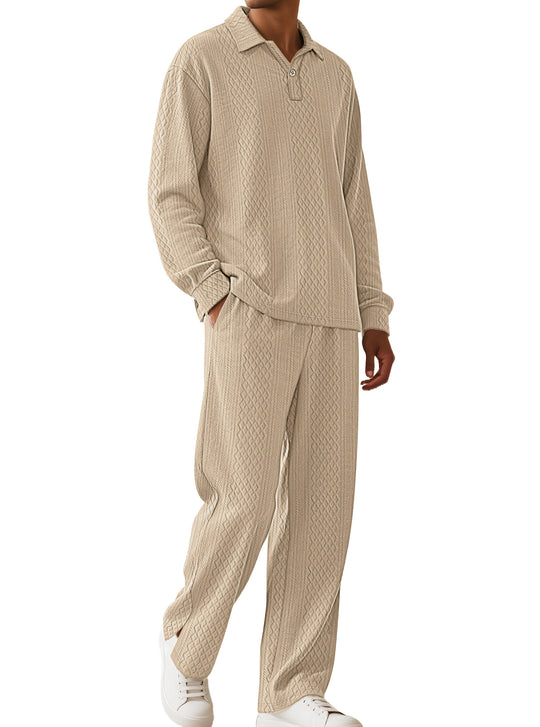 Herren nan Jacquard-Strickset mit Polokragen, legerer Passform und gerader Hose EB