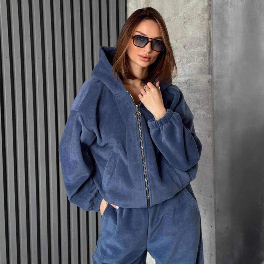 Damen Plüsch-Loungewear-Set mit Reißverschluss-Kapuzenjacke und taillenhoher Jogginghose EB