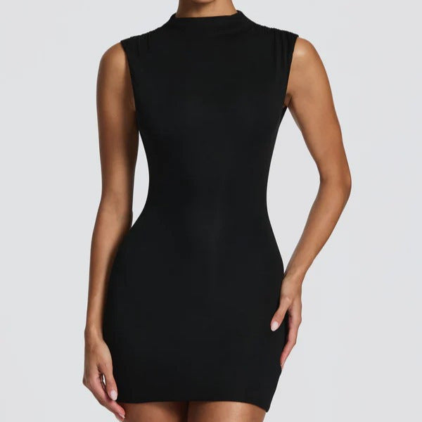 Damen Enganliegendes Stretch-Minikleid mit hohem Kragen EB