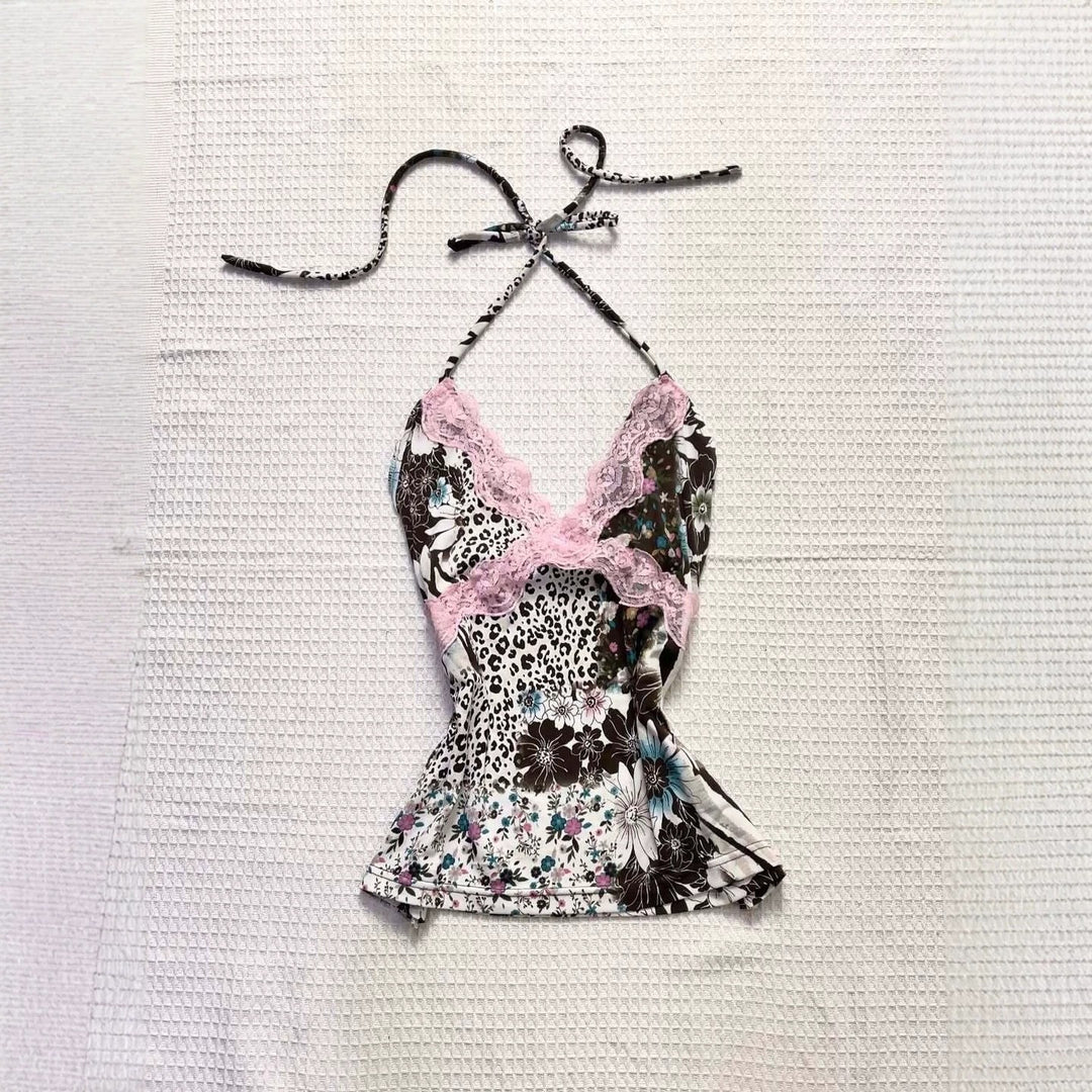 Damen Verspieltes Haltertop mit floralem und Leopardenmuster EB