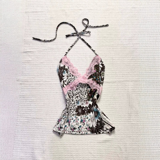 Damen Verspieltes Haltertop mit floralem und Leopardenmuster EB