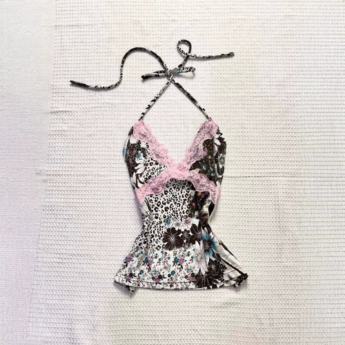 Damen Verspieltes Haltertop mit floralem und Leopardenmuster EB