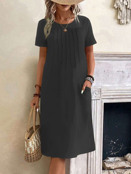 Damen lässiges Midi-Kleid mit Falten-Design und praktischen Taschen EB