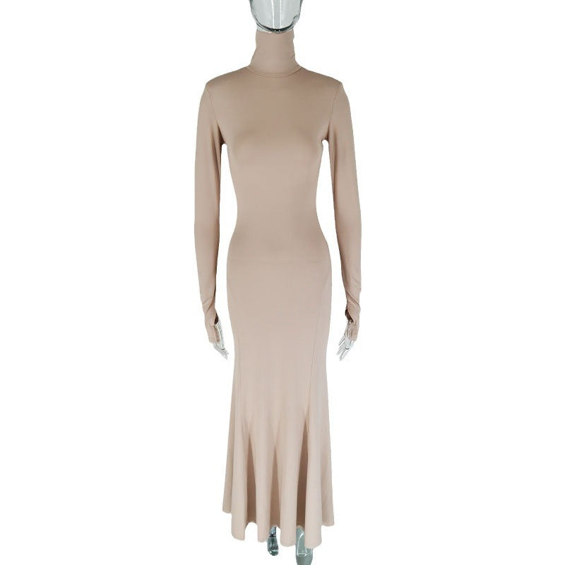 Damen figurbetontes Maxikleid mit hohem Kragen und langen Ärmeln EB