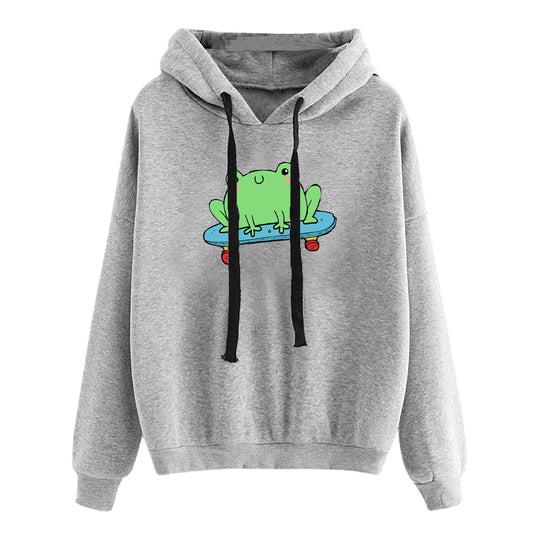 Damen nan kurz geschnittener Cropped-Kapuzenpullover mit niedlicher Frosch-Illustration und verstellbarer Kapuze EB