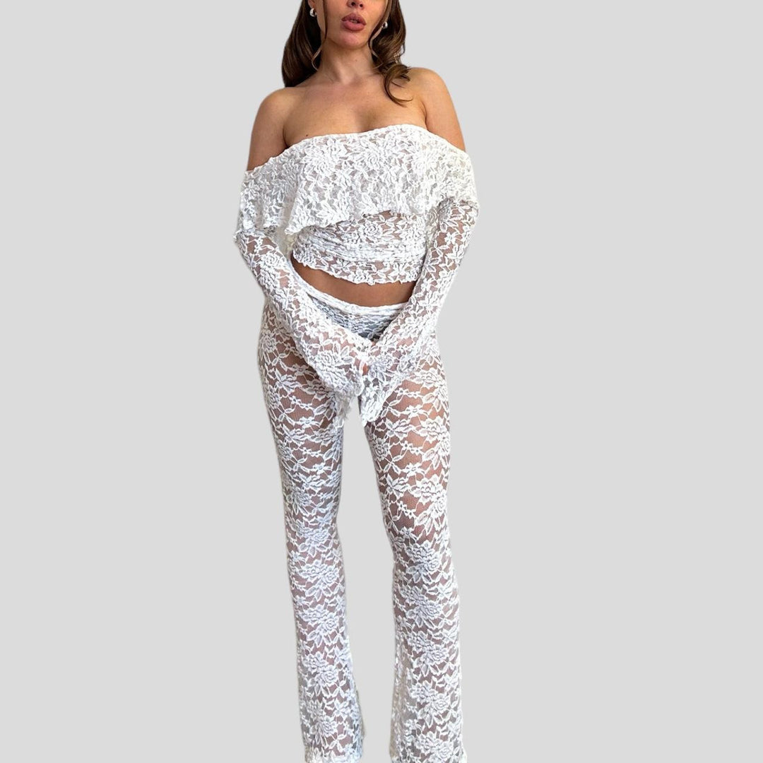 Damen Spitzen-Crop-Top mit weitem Ärmel und passenden Hose EB