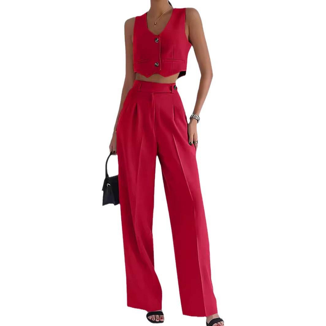 Damen Modisches Zweiteiler-Set aus ärmellosem Cropped Top und weiter Hose EB