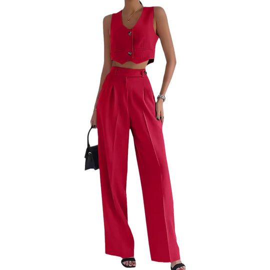 Damen Modisches Zweiteiler-Set aus ärmellosem Cropped Top und weiter Hose EB