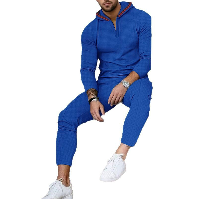 Herren nan Slim-Fit Waffel-Strick Kapuzen-Set mit Halbzip, kontrastgefütterter Kapuze und tapered Jogginghose EB