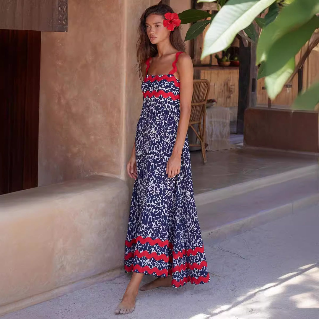 Damen Maxikleid mit elegantem Wellenmuster und fließendem Rock EB