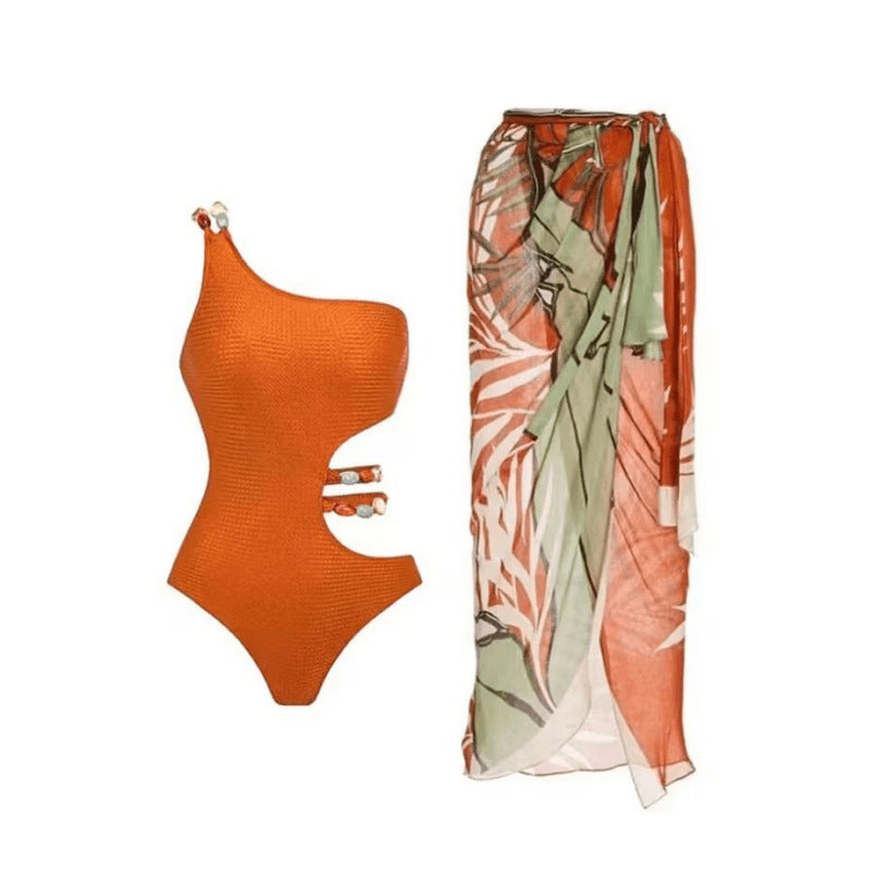 Damen Badeanzug-Set mit asymmetrischem Oberteil und elegantem Sarong EB
