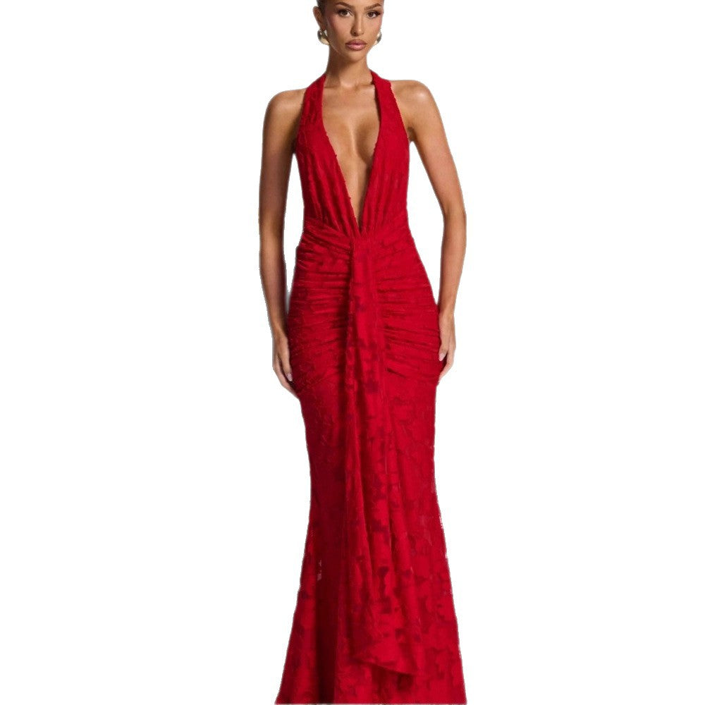 Damen Elegantes Maxikleid mit tiefem V-Ausschnitt und gerafftem Design EB